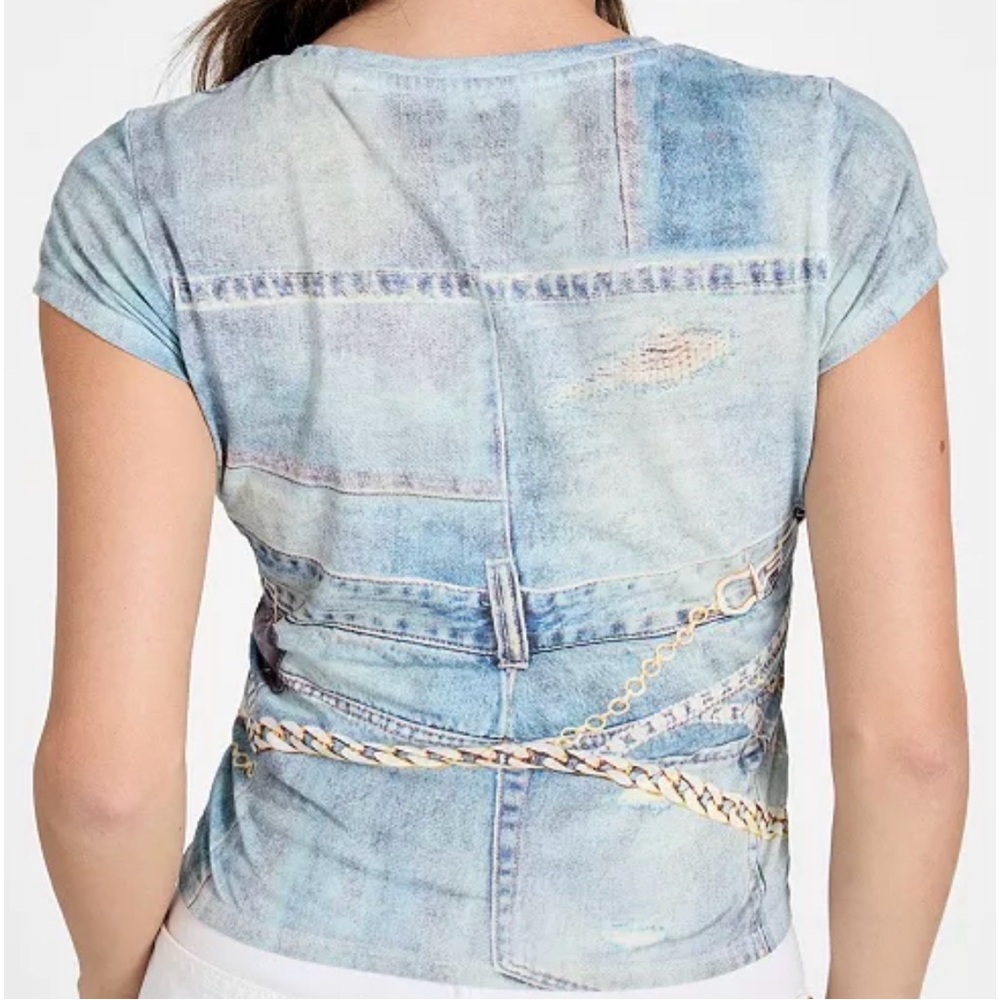 Guess Blue Denim Chain Print Top - Picture 4 of 7